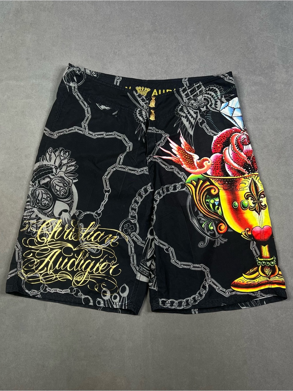 Christian Audigier Ed Hardy Black Board Shorts with Gold Logo and Chain Print